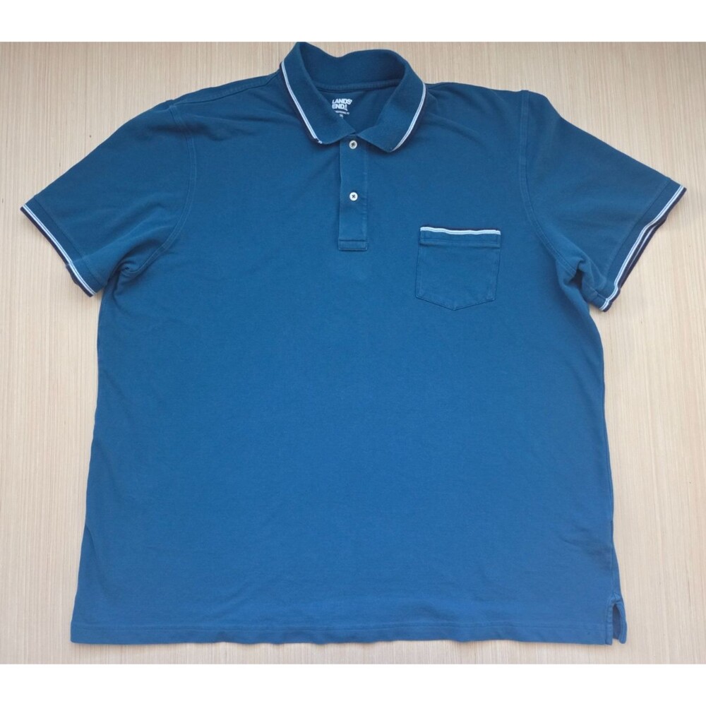 Lands End Polo Mens 3XL XXXL Blue Short Sleeve Traditional Fit Cotton Blend